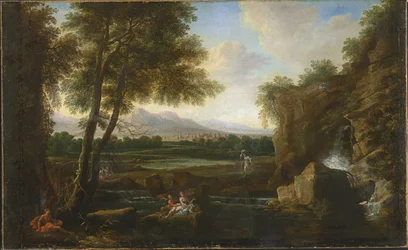 Klassische Landschaft mit kleinem Wasserfall und Dorf